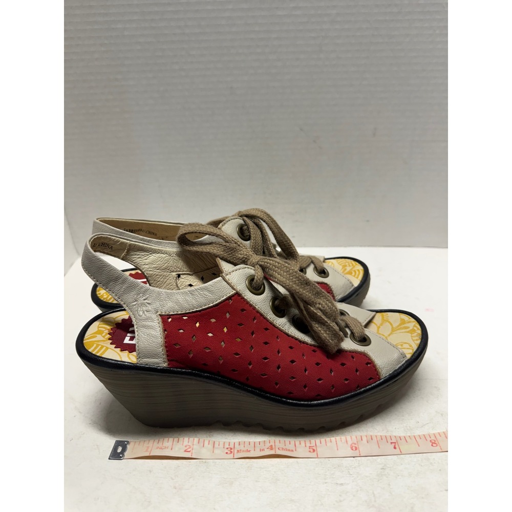 Fly London Yala Red White Leather Lace Up Wedge Sandals P501026008 Size 37 6.5 - Picture 9 of 10